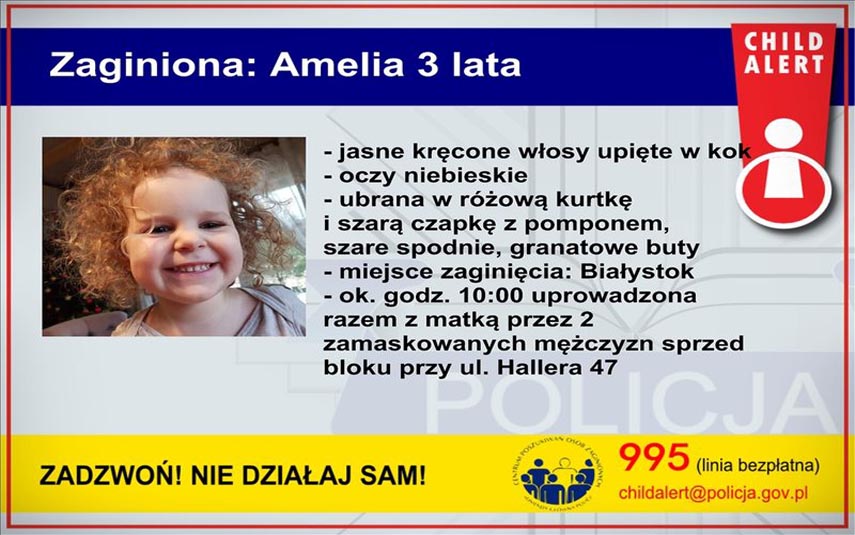 Child Alert w całej Polsce. Policja szuka porwanej Amelki i jej matki